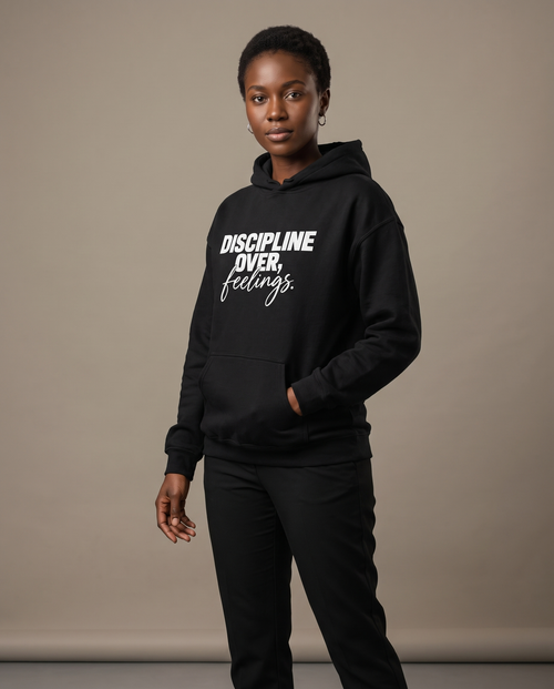Model wearing the Landells Discipline Hoodie, studio three-quarter front view