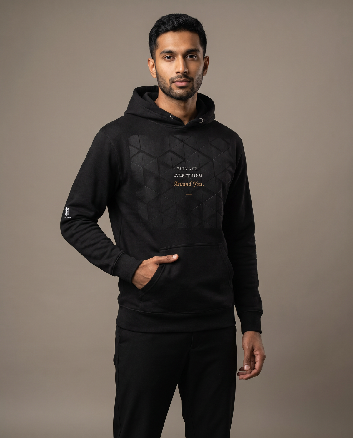 Model wearing the Landells Evaluate Everything Hoodie, studio three-quarter front view