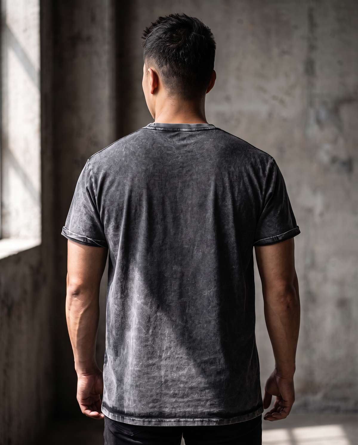 Landells Denim Tee in black, back view on model