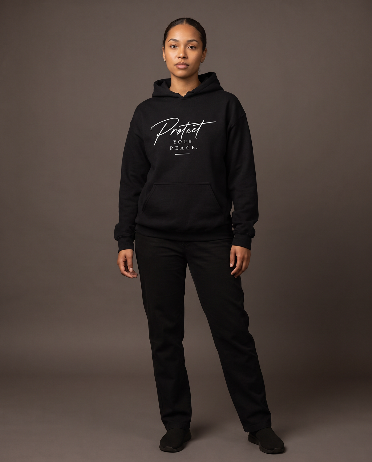Protect Hoodie worn by a woman, studio front view