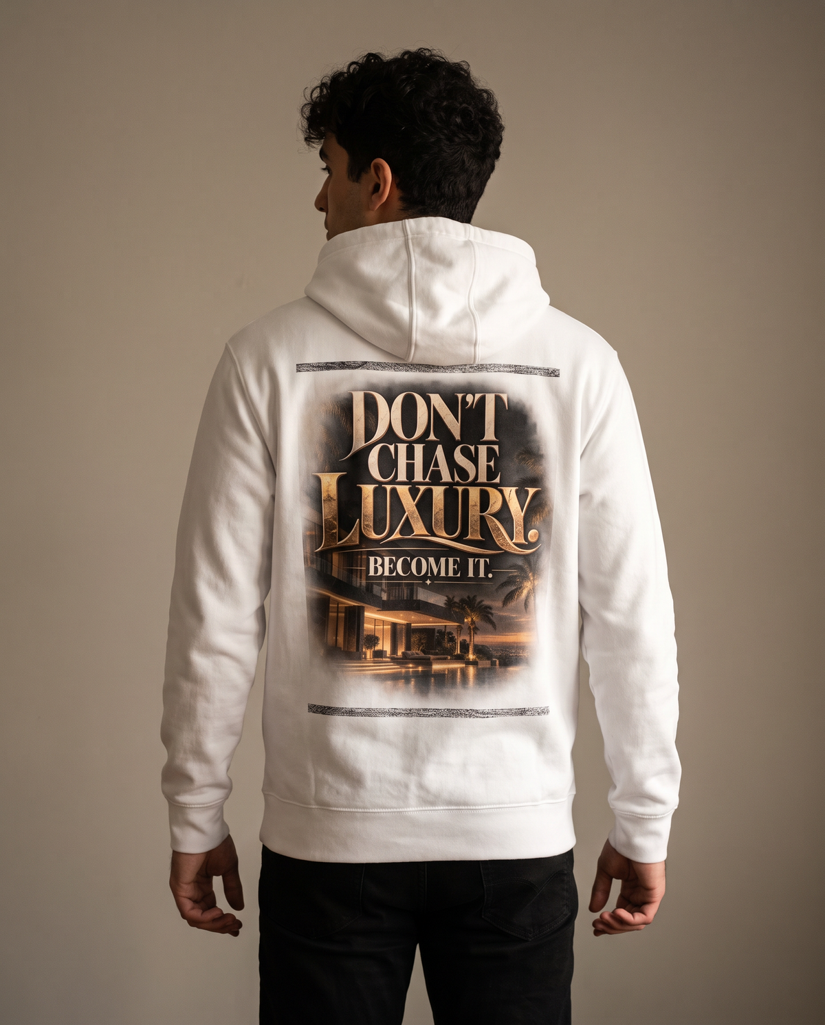 Don't Chase Luxury white hoodie back view
