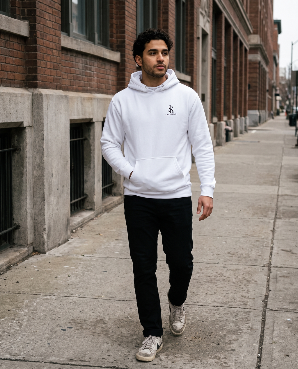 Don't Chase Luxury white hoodie worn walking on a city street