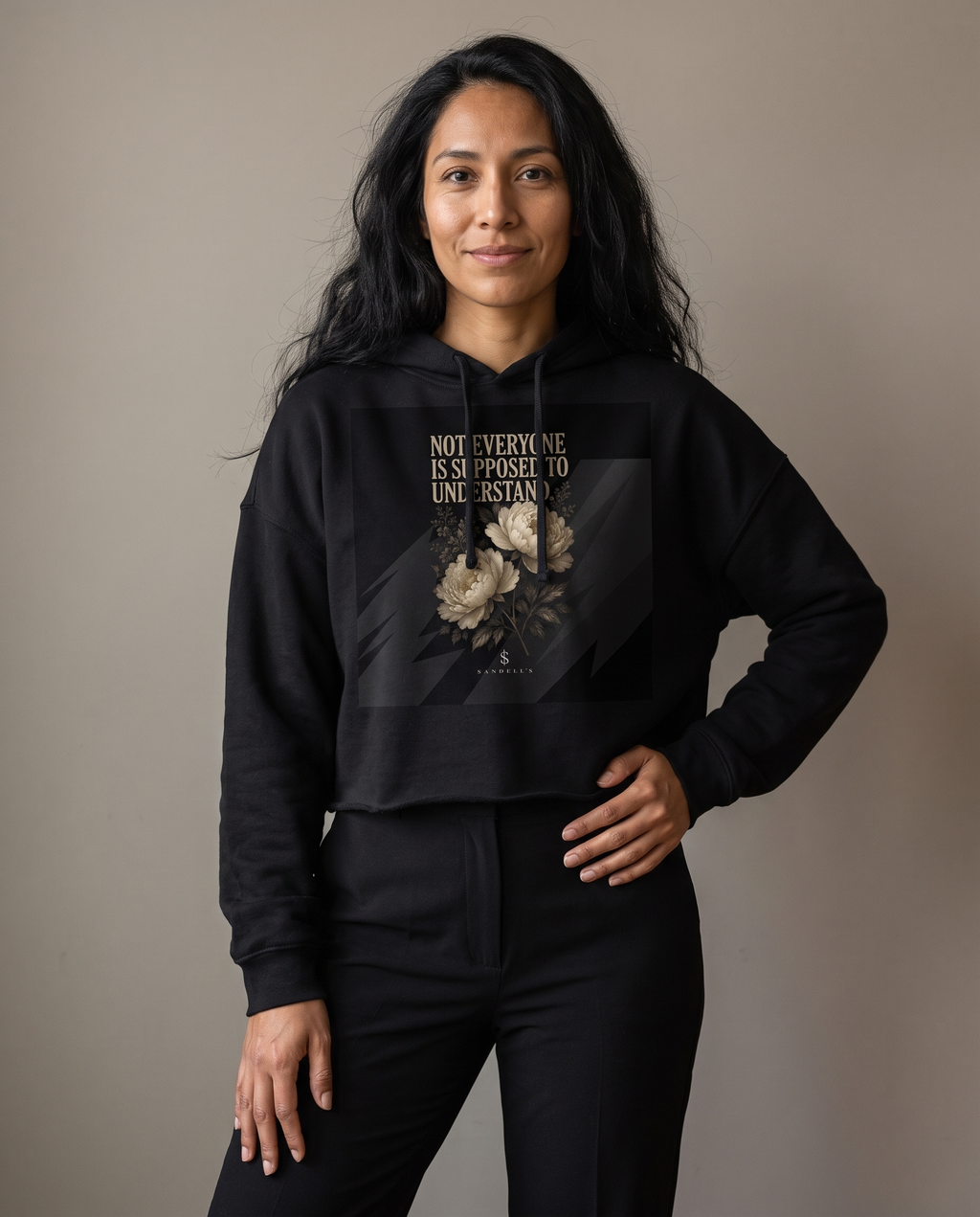 Not Everyone Crop Hoodie worn by a woman, studio front view
