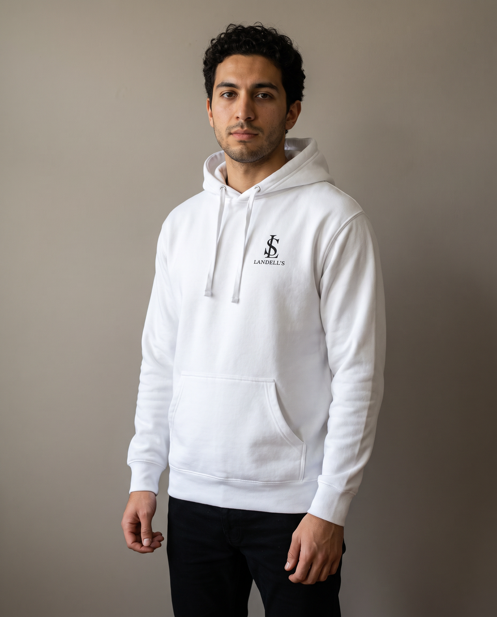 Don't Chase Luxury white hoodie worn by a man, studio front view