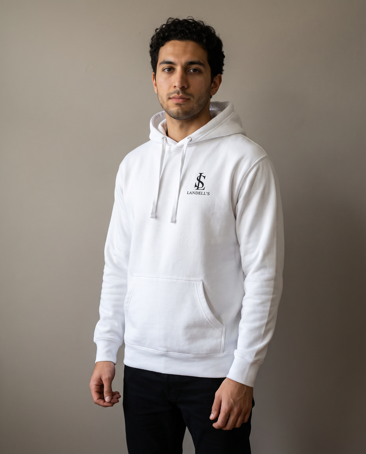 Don't Chase Luxury white hoodie worn by a man, studio front view