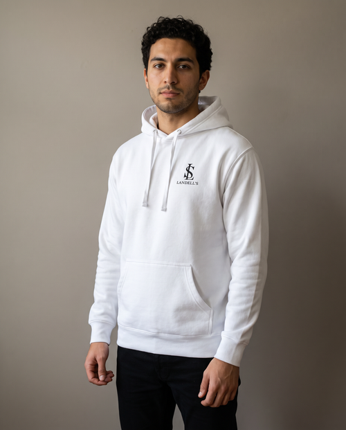 Don't Chase Luxury white hoodie worn by a man, studio front view