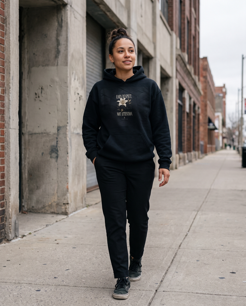 Earn Respect Hoodie worn walking on a city street