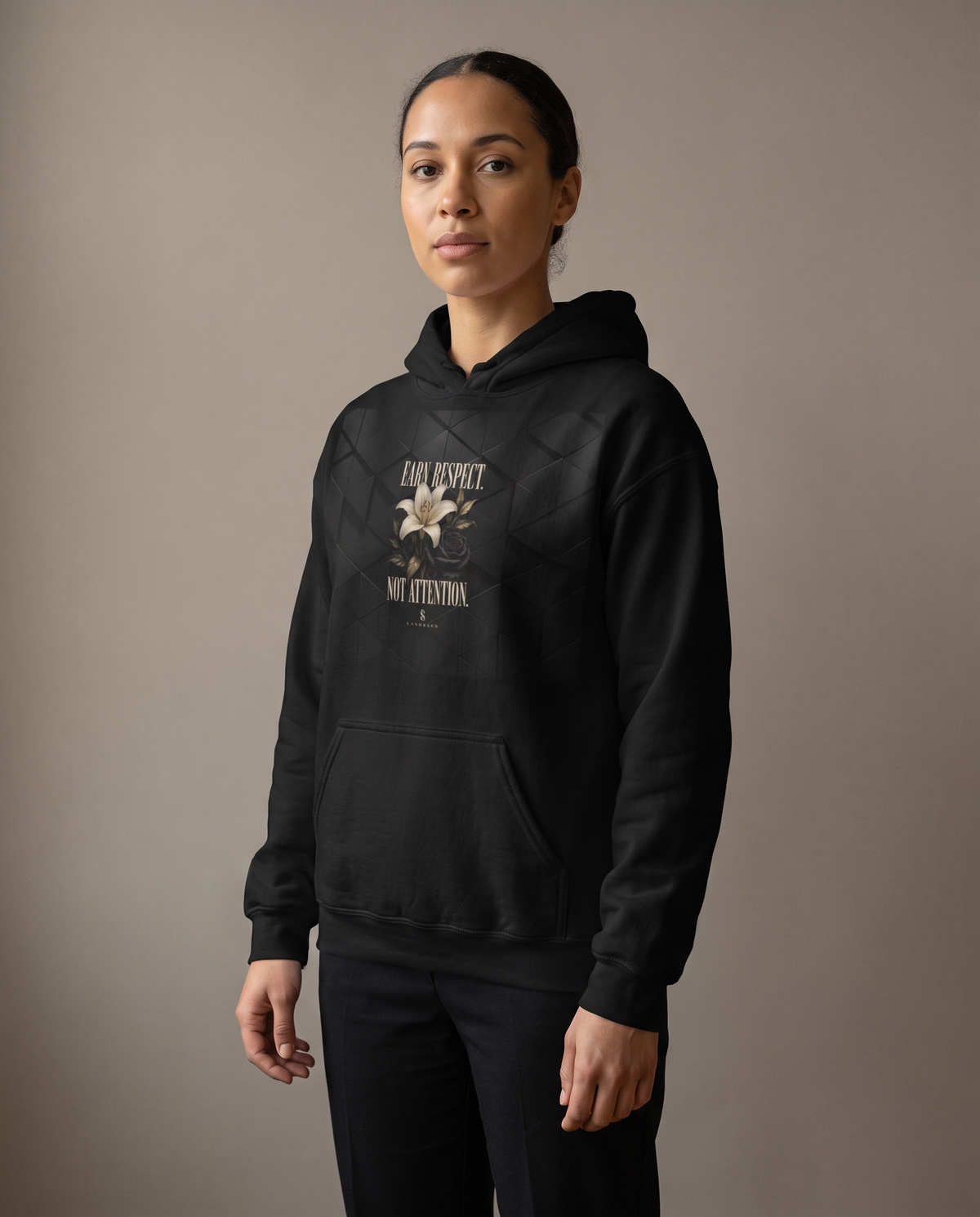 Earn Respect Hoodie worn by a woman, studio front view
