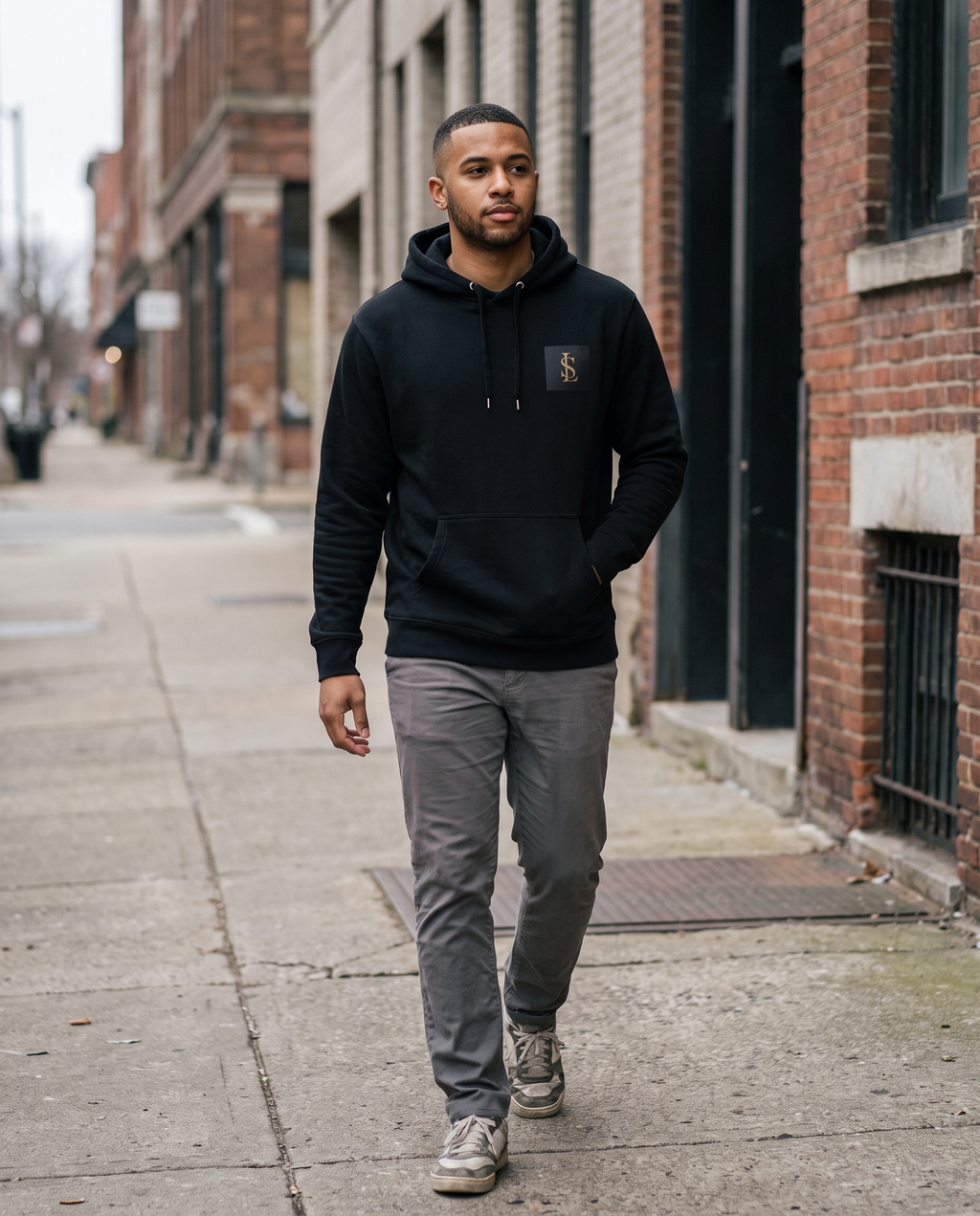 Heavyweight Hoodie in black worn walking on a city street