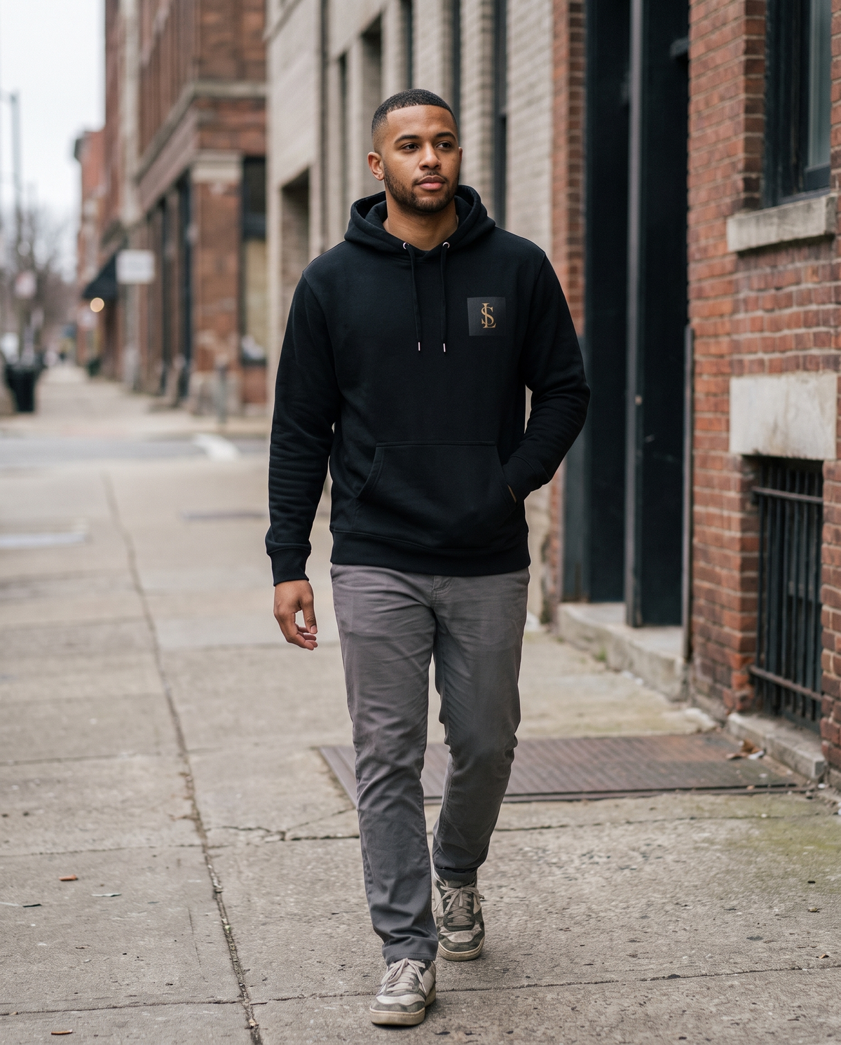 Heavyweight Hoodie in black worn walking on a city street