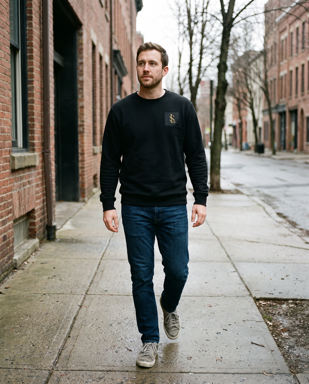 Fleece Crew Sweatshirt in black worn walking on a city street