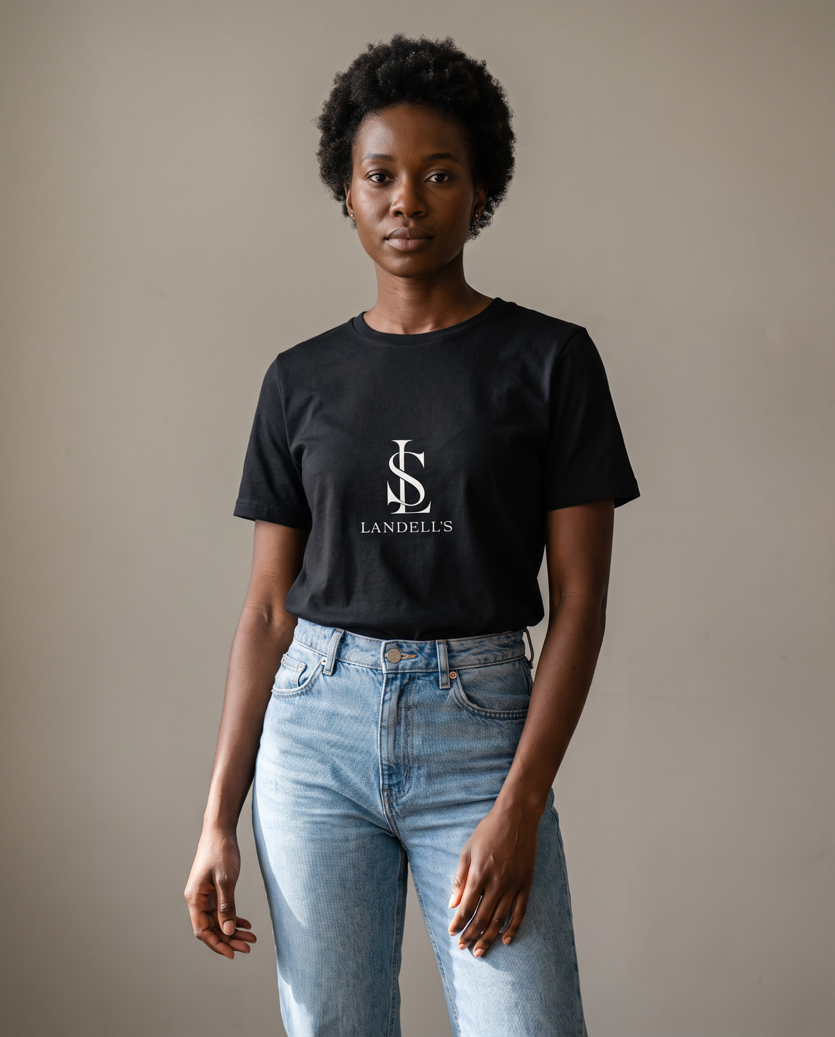 Model wearing the Landells Women's Relaxed Tee, studio front view