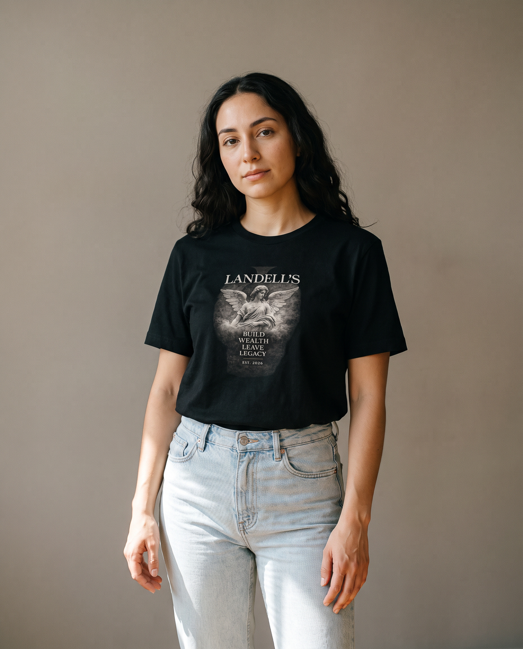 Model wearing the Landells Statement Tee, studio front view