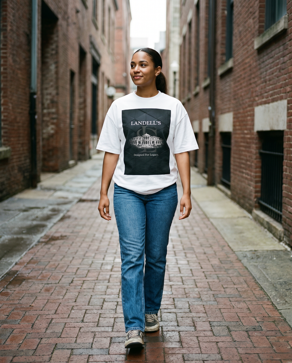 Woman wearing the Landells Box Tee, street style