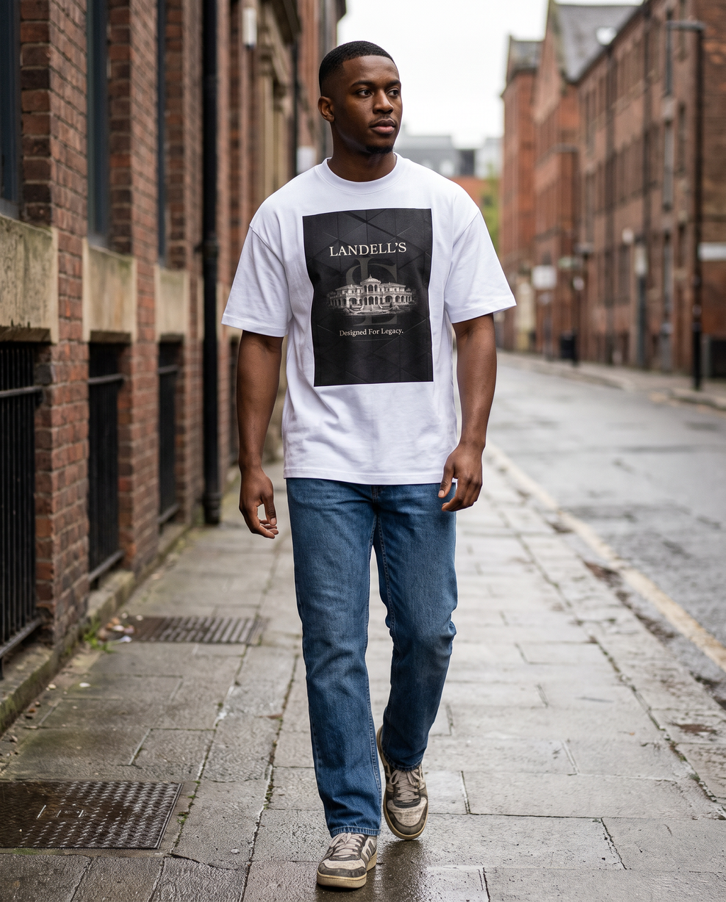 Man wearing the Landells Box Tee, street style