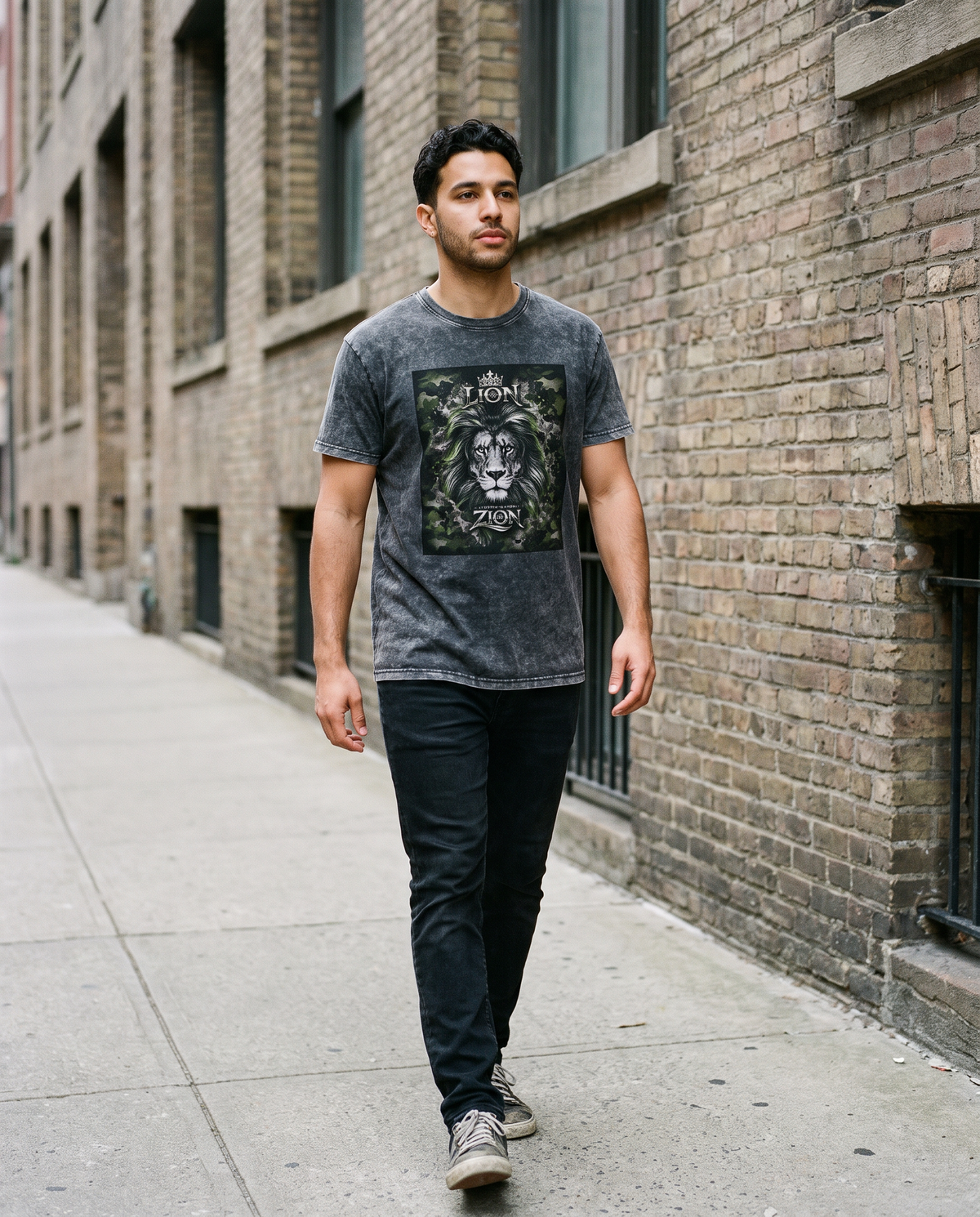 Man wearing the Lion From Zion denim tee, street style