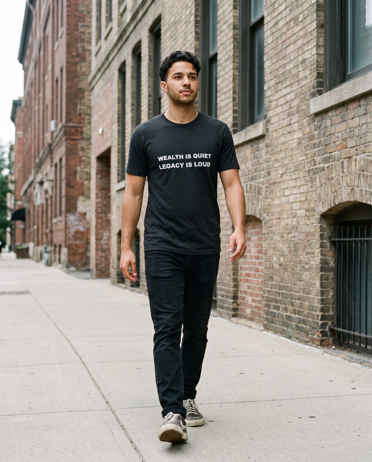 Man wearing the Landells Heritage Tee, street style