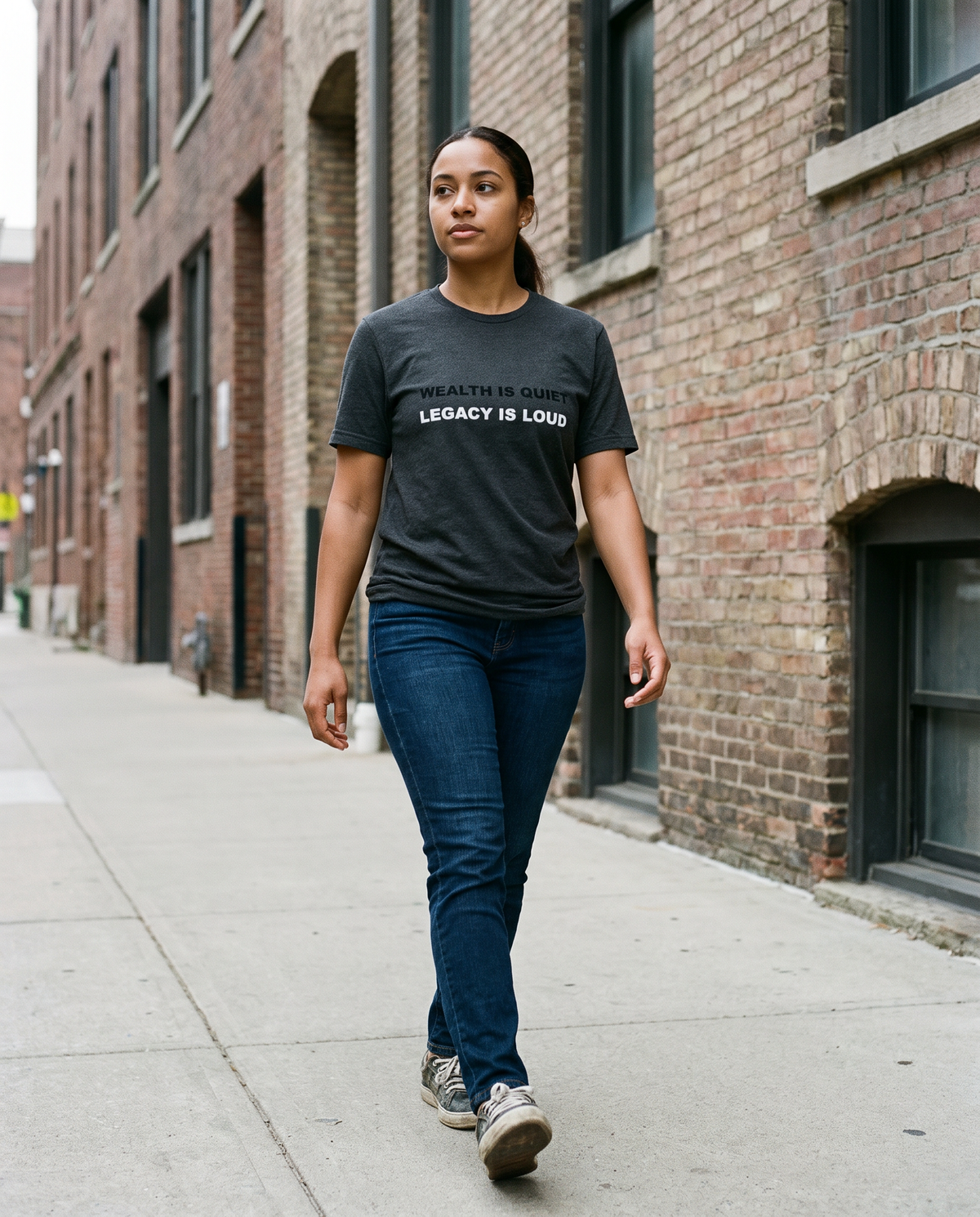 Woman wearing the Landells Heritage Tee, street style