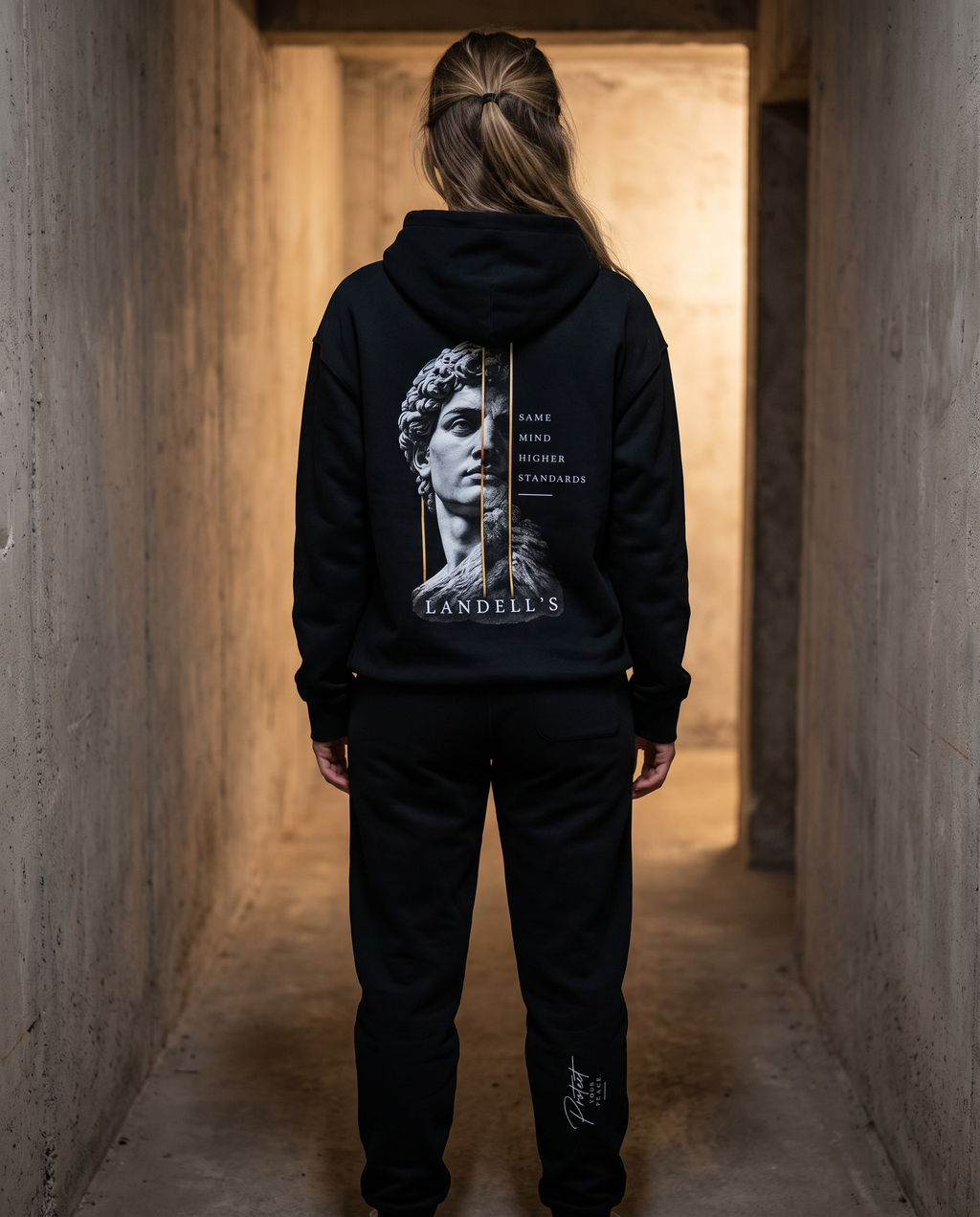 Protect Hoodie back view with marble statue graphic and matching fleece sweatpants